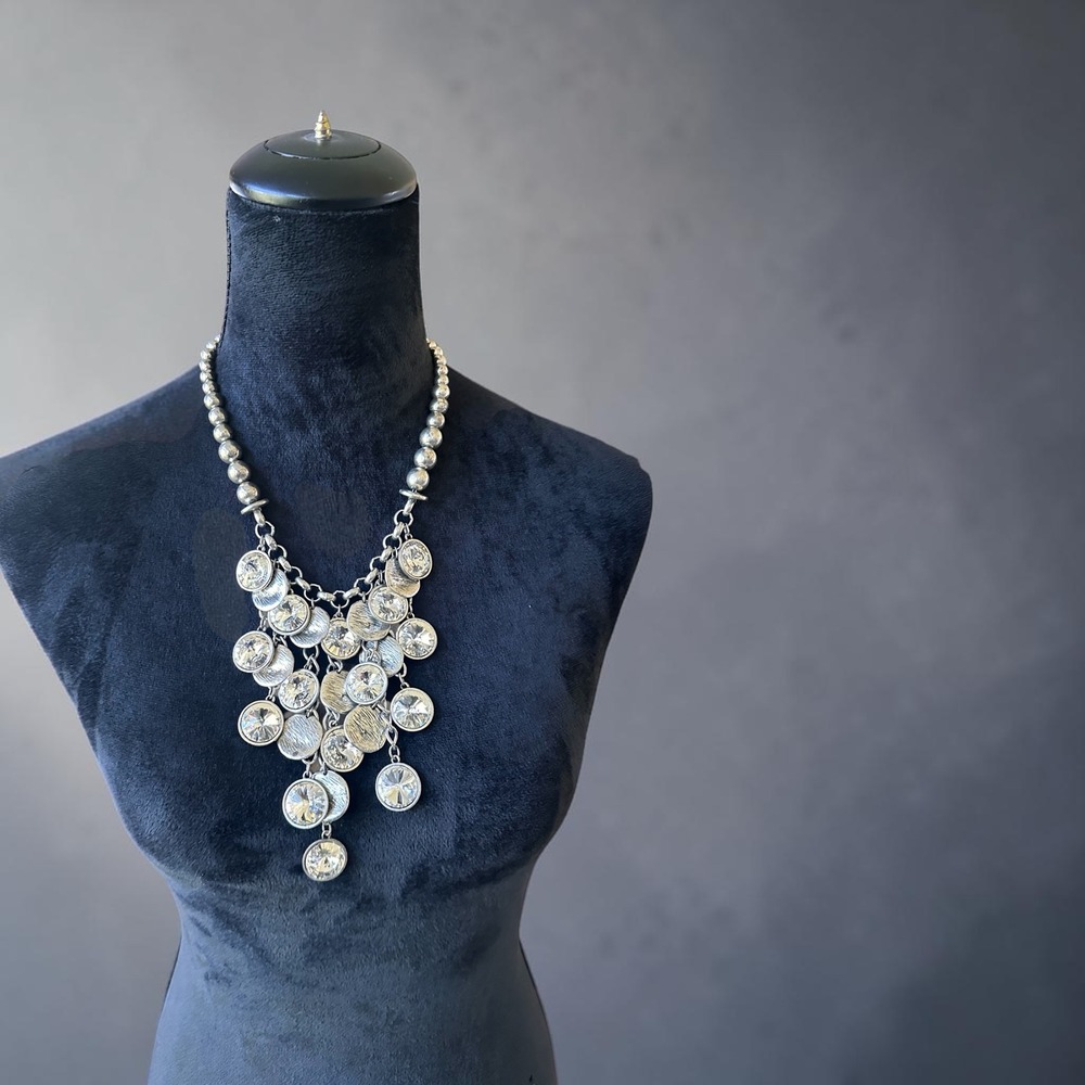 Vince Camuto Silver Tone Crystal Disc Statement Necklace and Earring Set